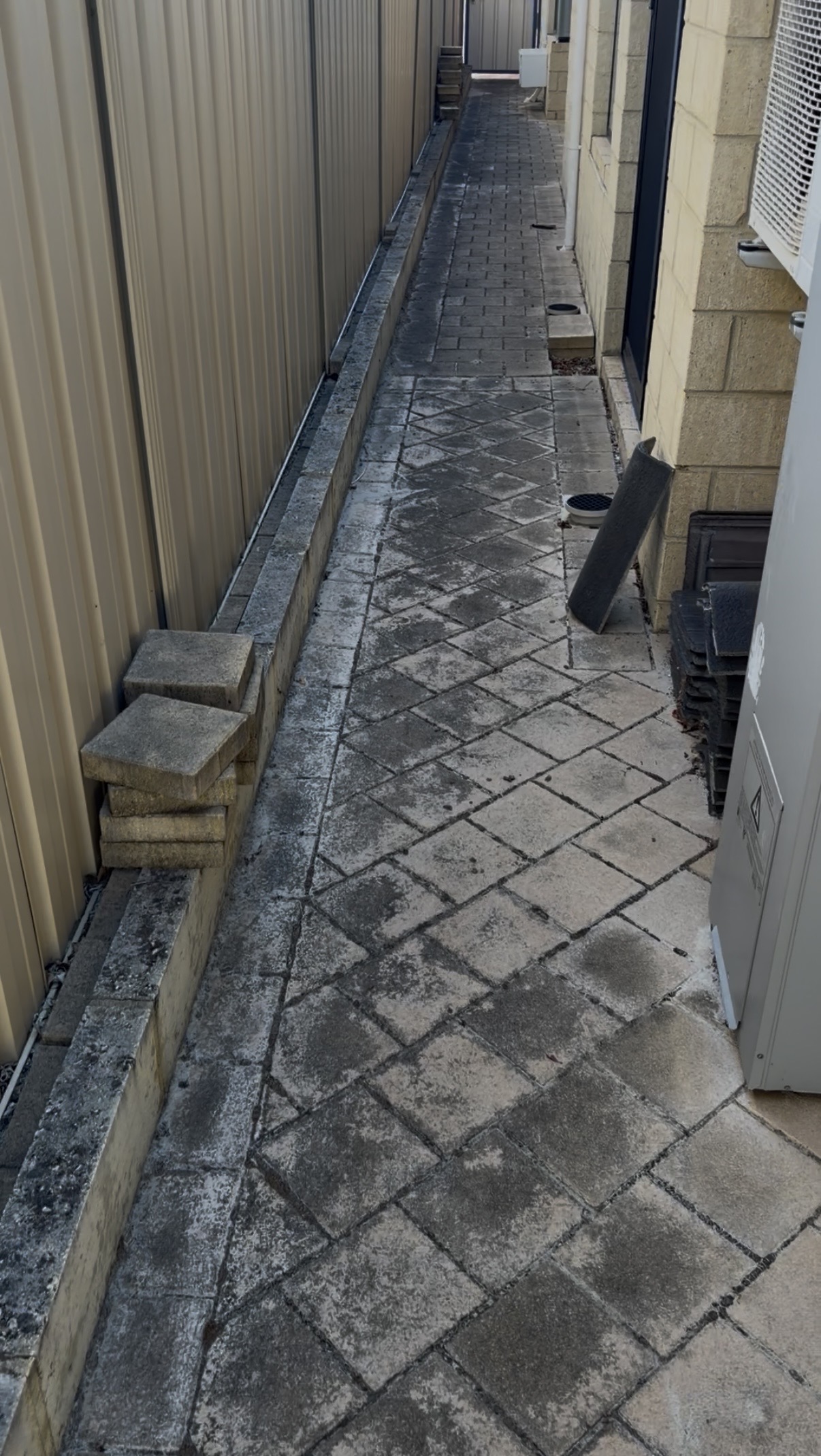 Brick pavers Long diamond paver side passage before — pressure cleaning Padbury Perth WA