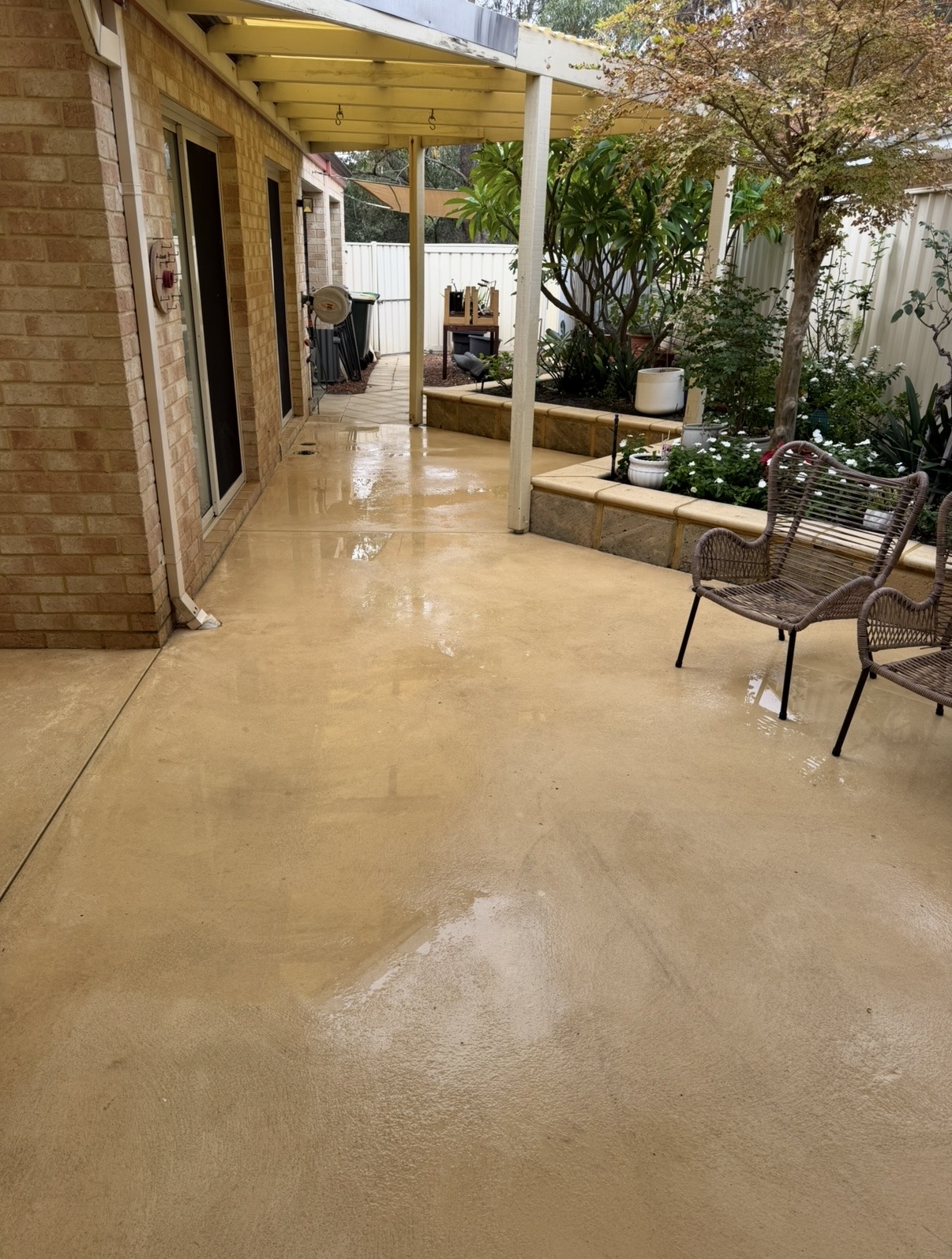Liquid limestone Covered alfresco concrete after — pressure cleaning Joondalup Perth WA